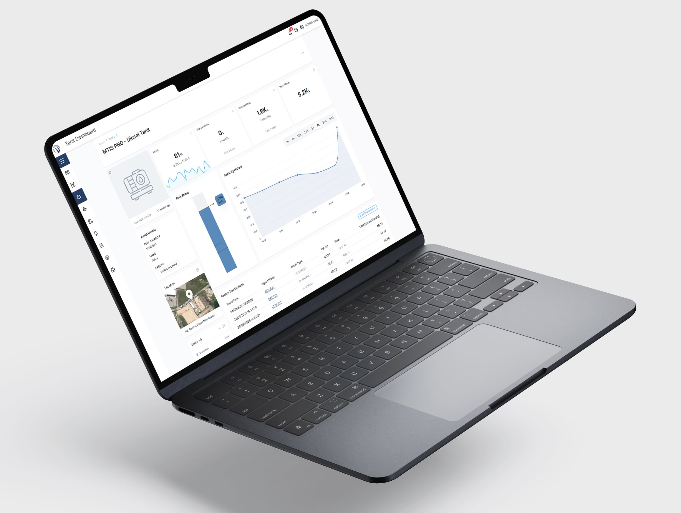 Automatic tank gauging dashboard displaying detailed fuel level graphs, volume trends, refill events, and time-based tank usage insights.