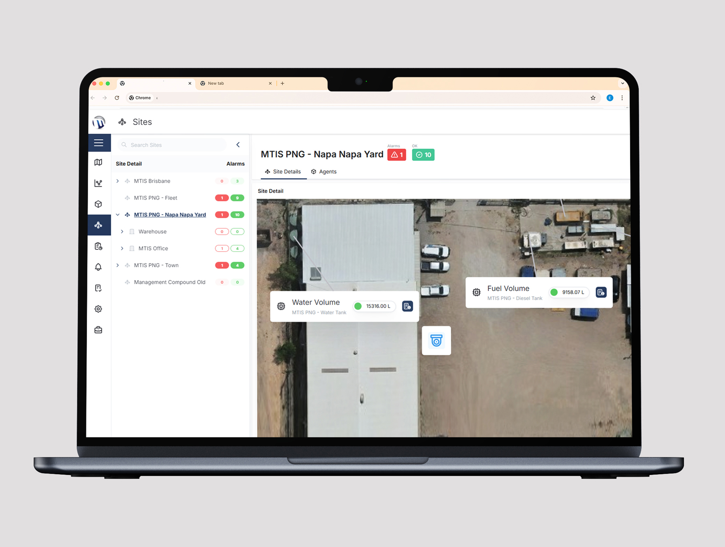 Venturi’s automatic tank gauging dashboard with aerial worksite imagery and real-time fuel and water level overlays.